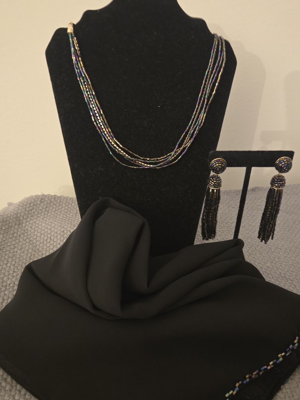 LOFT Black Iridescent Seed-Bead Tassel Earrings AND Scarf included.